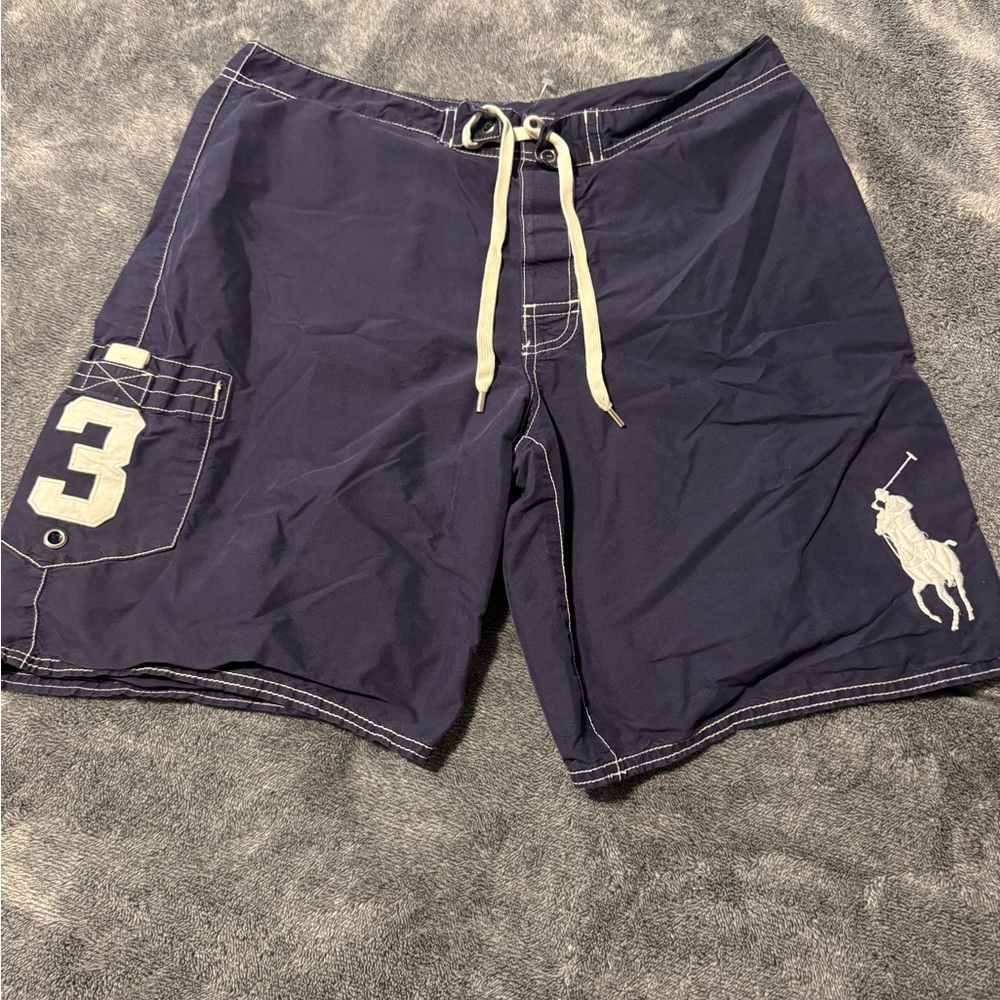 Vintage Polo by Ralph Lauren Men's Navy Swim Trunks with Contrast Stitching